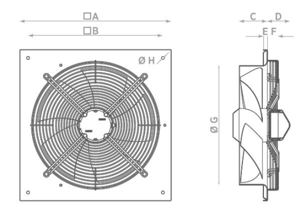 Abmessungen EQ ECO Wandventilator mit hoher Luftleistung